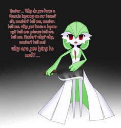  billhook empty_eyes english_text female gardevoir green_hair highres open_mouth pokemon pokemon_(creature) red_eyes scarletknives-x short_hair weapon yandere 