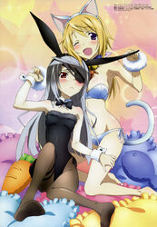  2girls :&lt; ;d absurdres ahoge animal_ears armpits bandeau bare_shoulders barefoot bell bikini black_legwear blonde_hair blush body_blush bow bowtie breasts carrot cat_ears cat_tail charlotte_dunois cleavage collar covered_navel detached_collar embarrassed eyepatch fake_animal_ears feet fish frills frown full_body fur_trim grabbing_another&#039;s_ear grey_hair hair_ribbon hairband hand_on_another&#039;s_ear highleg highleg_leotard highres hip_focus holding_hands infinite_stratos infinite_stratos_2 jewelry jingle_bell kemonomimi_mode knee_up kneeling kondou_natsuko laura_bodewig lens_flare leotard long_hair long_legs looking_at_viewer low_ponytail megami_magazine multiple_girls navel neck_bell no_shoes non-web_source official_art one_eye_closed open_mouth pale_skin pantyhose pendant pillow playboy_bunny ponytail purple_eyes rabbit_ears raised_eyebrow red_eyes ribbon scan side-tie_bikini_bottom sitting skinny small_breasts smile sparkle star_(symbol) strapless swimsuit tail thigh_grab thigh_strap toes very_long_hair white_bikini wrist_cuffs wristband 