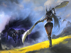  bad_id bad_pixiv_id beetle bug dober_(armor) female gore_magala horns insect_glaive long_hair midriff monster monster_hunter_(character) monster_hunter_(series) monster_hunter_4 polearm ponytail sadamatsu_ryuuichi staff very_long_hair weapon 