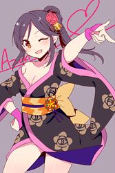  ;d black_kimono breasts character_name commentary_request contrast cowboy_shot female gloves grey_background hair_ornament hand_on_own_hip idolmaster idolmaster_cinderella_girls japanese_clothes kimono medium_breasts momoi_azuki no_bra off_shoulder one_eye_closed open_mouth short_kimono smile solo standing wemu_(ivycrown) wind 