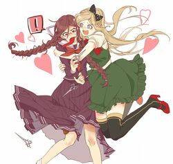  ! !! 2girls blonde_hair blue_eyes bow braid brown_hair chiyo_(min0yoko) commentary_request danganronpa:_trigger_happy_havoc danganronpa_(series) danganronpa_2:_goodbye_despair dress fukawa_toko genocider_shou glasses hairbow heart hug long_hair long_skirt long_tongue mole mole_under_mouth multiple_girls open_mouth ponytail red_eyes school_uniform scissors serafuku skirt sonia_nevermind spoilers star-shaped_pupils star_(symbol) symbol-shaped_pupils tongue tongue_out twin_braids very_long_hair yuri 