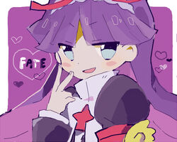  aoey blue_eyes commentary_request feli_(puyopuyo) female gothic_lolita hair_ornament hair_ribbon heart lolita_fashion long_hair purple_background purple_hair puyopuyo puyopuyo_fever puyopuyo_fever_2 ribbon smile solo v 