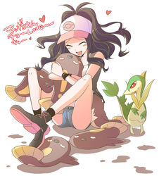  baseball_cap brown_hair denim denim_shorts hat janobii maggyo nu_(ukskuj) pokemon pokemon_(game) pokemon_black_and_white pokemon_bw servine shorts stunfisk touko_(pokemon) touko_(pokemon) 