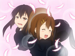  2girls black_hair brown_eyes brown_hair closed_eyes commentary_request feathers hirasawa_yui hug k-on! long_hair multiple_girls nakano_azusa sakuragaoka_high_school_uniform samuraichamp school_uniform short_hair tears twintails 