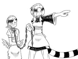  animal_ears cat_ears cat_tail collar futaba_channel kyuuki leash maid monochrome monster_girl nijiura_maids pointing shikyou-aki_(placeholder) tail tiger_tail toukotsu wings 