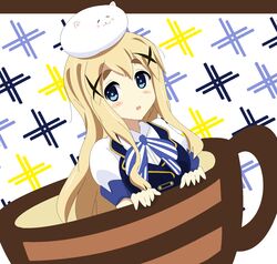  animal animal_on_head blue_eyes blush crossover cup eyebrows female gochuumon_wa_usagi_desu_ka? gochuumon_wa_usagi_desuka? highres in_container in_cup k-on! kotobuki_tsumugi tippy tippy_(gochuumon_wa_usagi_desuka?) 