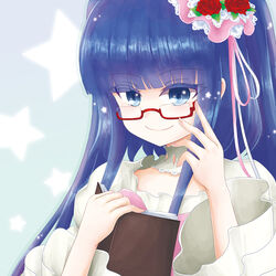  adjusting_eyewear bespectacled blue_eyes blue_hair book choker commentary_request female flower furudo_erika glasses hair_flower hair_ornament kurahika photoshop_(medium) red-framed_eyewear rose semi-rimless_eyewear smile star_(symbol) umineko_no_naku_koro_ni under-rim_eyewear 