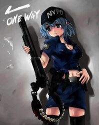  ammunition bad_id bad_pixiv_id bandolier baseball_cap black_thighhighs blue_eyes blue_hair breasts cleavage female glock gun handgun hat highres kawashiro_nitori koh_(minagi_kou) medium_breasts midriff miniskirt navel new_york_city new_york_city_police_department pencil_skirt police police_uniform shotgun skindentation skirt solo thighhighs touhou uniform weapon zettai_ryouiki 