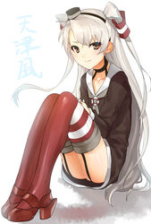  amatsukaze_(kancolle) ass bad_id bad_pixiv_id blush brown_eyes choker dress female garter_straps grey_hair hair_ornament kantai_collection long_hair long_sleeves red_thighhighs sailor_dress shoes short_dress solo striped_clothes striped_thighhighs thighhighs two_side_up vulture_(washizu0808) zettai_ryouiki 