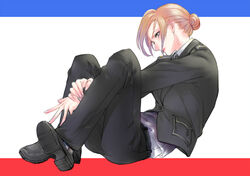  blonde_hair blue_eyes commentary_request crimean_flag female flag_background hair_bun hebi_utage military military_uniform natalia_poklonskaya real_life short_hair simple_background single_hair_bun sitting solo uniform 