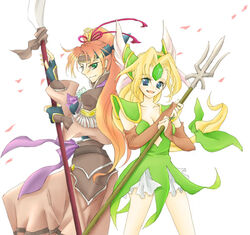  2girls asuka_(fns) blonde_hair blue_eyes fuurai_no_shiren green_eyes multiple_girls pink_hair polearm ponytail riesz seiken_densetsu seiken_densetsu_3 shiren_the_wanderer spear weapon 