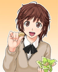  amagami bad_id bad_pixiv_id brown_eyes brown_hair commentary cookie feeding female food incoming_food kibito_high_school_uniform sakurai_rihoko school_uniform solo sweater yuuya_(yu-ya&#039;s) 