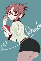  :o adjusting_eyewear akizuki_ritsuko ass blue_background book brown_eyes brown_hair character_name commentary_request female glasses holding holding_book idolmaster idolmaster_(classic) leaning_forward looking_back miniskirt pantyhose skirt solo wemu_(ivycrown) 