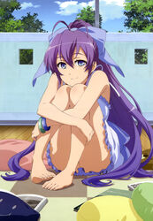  absurdres antenna_hair barefoot blue_eyes book bow cloud day dress feet female hairbow highres hugging_own_legs legs long_hair looking_at_viewer non-web_source nyantype official_art purple_hair ryuugajou_nanana ryuugajou_nanana_no_maizoukin scan sitting sky smile solo toes ueda_kanako very_long_hair 