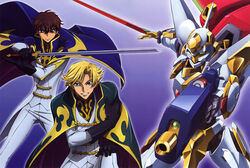  2boys absurdres blonde_hair blue_eyes brown_hair cape code_geass gino_weinberg gloves green_eyes highres itagaki_atsushi knightmare_frame knights_of_the_round_uniform kururugi_suzaku lancelot_(code_geass) lancelot_air_cavalry male_focus mecha multiple_boys newtype robot scan sword uniform weapon 