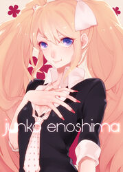  bad_id bad_pixiv_id big_hair blue_eyes bow breasts character_name cleavage danganronpa:_trigger_happy_havoc danganronpa_(series) enoshima_junko etsuo female hair_ornament hairbow hand_on_own_chest ikusaba_mukuro long_hair nail_polish necktie photoshop_(medium) pink_hair school_uniform sleeves_rolled_up small_breasts smile solo twintails 