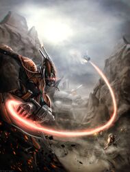  armor artarrwen battle bodysuit clenched_hand commentary_request dust energy_whip female glowing glowing_eyes grineer gun highres melee_weapon_(warframe) outdoors red_eyes sparks staff valkyr_(warframe) warframe weapon 