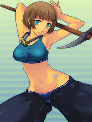  aqua_eyes armpits arms_up bad_id bad_pixiv_id blush brown_hair bundesliga fc_schalke_04 female germany highres navel nose_tape original personification pickaxe shirt short_hair soccer solo taut_clothes taut_shirt yoko_jyusuke 