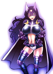  :p animification belt belt_pouch black_hair black_thighhighs boots breasts breasts_apart cape chiba_toshirou clothing_cutout commentary_request dc_comics elbow_gloves female gloves halftone huntress_(dc) justice_league knee_boots knee_pads large_breasts leotard long_hair looking_at_viewer mask midriff naughty_face navel_cutout outline pouch purple_eyes purple_gloves solo standing strap_pull superhero_costume thigh_pouch thighhighs toned tongue tongue_out turtleneck utility_belt very_long_hair wavy_hair 