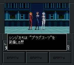  1boy 2girls ayanami_rei blue_hair bodysuit brown_hair commentary_request contrapposto fake_screenshot full_body gameplay_mechanics hair_ornament hand_on_own_hip holding_own_arm ikari_shinji interface_headset long_hair looking_at_viewer multiple_girls neon_genesis_evangelion orange_hair parody pixel_art plugsuit red_eyes shin_megami_tensei short_hair souryuu_asuka_langley standing tile_floor tiles translated white_bodysuit yg 