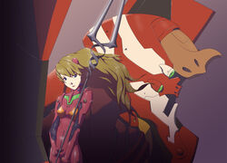  blue_eyes bodysuit eva_02 female gradient gradient_background hair_ornament lance_of_longinus latex long_hair mecha neon_genesis_evangelion orange_hair plugsuit polearm rebuild_of_evangelion solo soryu_asuka_langley souryuu_asuka_langley spear tora61 weapon 