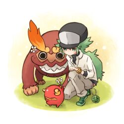  baseball_cap darmanitan darumakka flower green_hair hat hihidaruma morimaiko n_(pokemon) pokemon pokemon_(game) pokemon_black_and_white pokemon_bw 