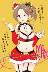  bare_shoulders breasts brown_eyes brown_hair character_name choker christmas christmas_lights cleavage commentary_request crop_top earrings female garter_straps hair_ornament hat heart idolmaster idolmaster_cinderella_girls jewelry kawashima_mizuki large_breasts midriff mini_hat miniskirt one_eye_closed side_ponytail skirt solo speech_bubble star_(symbol) text_focus thighhighs translated wemu_(ivycrown) wide_hips yellow_background 