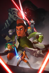  3girls 5boys ahsoka_tano alien armor bad_source blue_eyes body_armor brown_eyes c1-10p_chopper captain_rex charles_tan commentary_request darth_vader droid energy_sword ezra_bridger facial_hair facial_tattoo fighting garazeb_orrelious green_eyes headgear hera_syndulla highres kanan_jarrus lightsaber multicolored_hair multiple_boys multiple_girls pointy_ears robot sabine_wren spacecraft star_wars star_wars:_rebels star_wars:_the_clone_wars sword tattoo togruta weapon 