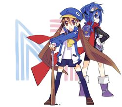  2girls backpack bad_id bad_pixiv_id bag baseball_bat blue_eyes blue_hair blue_hat brown_eyes brown_hair choujigen_game_neptune company_connection crossover disgaea hat kazamatsuri_fuuka kuma_jet long_hair looking_back makai_senki_disgaea_4 multiple_girls neptune_(series) nippon_ichi nippon_ichi_(neptunia) prinny school_uniform thighhighs twintails very_long_hair 