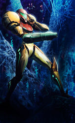  arm_cannon armor assault_visor commentary english_commentary female green_visor gun helmet louten metroid photoshop_(medium) power_armor samus_aran science_fiction solo varia_suit weapon 