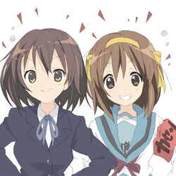  2girls armband bad_id bad_pixiv_id blue_sailor_collar brown_eyes brown_hair company_connection core_(mayomayo) cosplay costume_switch crossover grin hair_ribbon hairband hirasawa_yui hirasawa_yui_(cosplay) k-on! kita_high_school_uniform kyoto_animation multiple_girls orange_hairband ribbon sailor_collar sakuragaoka_high_school_uniform school_uniform serafuku short_hair smile suzumiya_haruhi suzumiya_haruhi_(cosplay) suzumiya_haruhi_no_yuuutsu winter_uniform 