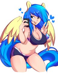  2016 animal_humanoid big_breasts blue_hair breasts brown_eyes cellphone cleavage clothed clothing electronics equid equine fan_character feathered_wings feathers female gesture hair hand_gesture hasbro hi_res human humanoid kneeling mammal mirror_selfie my_little_pony mythological_creature mythological_equine mythology pegasus phone rainbowscreen selfie silvia_windmane solo thick_thighs tongue tongue_out v_sign wide_hips wings 