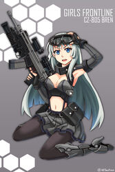  adjusting_goggles ammunition_pouch aqua_hair arm_up armpits artist_name belt belt_pouch black_belt black_gloves blue_eyes blue_hair blue_skirt boots breasts bustier character_name cleavage cleavage_cutout clothing_cutout commentary_request copyright_name cz-805_(girls&#039;_frontline) cz_805_bren dated_commentary exoskeleton female fingerless_gloves full_body girls&#039;_frontline gloves goggles grenade_launcher grey_background grey_footwear grey_skirt gun hexagon high_heel_boots high_heels highres holding holding_gun holding_weapon honeycomb_(pattern) honeycomb_background long_hair looking_at_viewer medium_breasts midriff navel ndtwofives open_mouth optical_sight pantyhose pleated_skirt pouch scope simple_background sitting skirt solo stomach teeth trigger_discipline twitter_username two-tone_skirt underbarrel_grenade_launcher upper_teeth_only wariza weapon weapon_name 