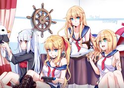  4girls aer_(tengqiu) bell_mccamp_(warship_girls_r) bird black_bra blonde_hair blue_eyes bra bra_strap breasts chinese_commentary cleavage commentary curtains eagle enterprise_(warship_girls_r) essex_(warship_girls_r) grin hornet_(warship_girls_r) long_hair long_sleeves looking_at_viewer medium_breasts multiple_girls off_shoulder open_mouth ponytail red_eyes ship&#039;s_wheel short_hair sideboob smile teeth twintails underwear warship_girls_r white_hair yorktown_(warship_girls_r) 