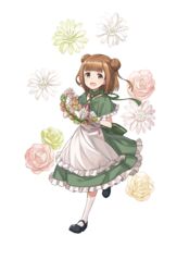  :d apron beatrice_(princess_principal) black_footwear brown_eyes brown_hair capelet double_bun dress female floral_background flower frilled_dress frills full_body gerbera gloves green_dress hair_bun head_wreath head_wreath_removed highres holding holding_wreath looking_at_viewer makaria mary_janes medium_hair official_art open_mouth princess_principal princess_principal_game_of_mission rose shoes smile socks solo standing transparent_background white_gloves white_socks 