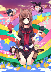  3boys 6+girls akai_ringo_(ookami-san) animal_ears bad_id bad_pixiv_id boots brown_eyes brown_hair chibi choker everyone kamon_(shinshin) kemonomimi_mode kiriki_alice kiriki_liszt kneeling long_hair majolica_le_fay morino_ryoushi multiple_boys multiple_girls ookami-san ookami_ryouko photoshop_(medium) ryuuguu_otohime school_uniform serafuku smile tsurugaya_otsuu urashima_tarou_(ookami-san) very_long_hair 