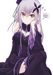  bad_id bad_pixiv_id bare_shoulders black_dress black_flower black_legwear black_rose cosmicsnic detached_collar dress female flower grey_hair hair_flower hair_ornament hair_ribbon hand_on_own_cheek hand_on_own_face highres long_hair looking_at_viewer pointy_ears purple_eyes re:zero_kara_hajimeru_isekai_seikatsu ribbon rose satella_(re:zero) solo 