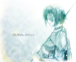  breasts cape choker demon&#039;s_souls dress female female from_software lowres maiden_in_black monochrome short_hair solo souls_(from_software) spot_color staff tana_(artist) tana_(garyuh-chitai) 