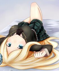  bad_id bad_pixiv_id blonde_hair blue_eyes boku_wa_tomodachi_ga_sukunai breasts bug butterfly female hair_ornament kashiwazaki_sena koa large_breasts long_hair looking_at_viewer lying on_back on_bed plaid plaid_skirt pleated_skirt school_uniform skirt solo st._chronica_academy_school_uniform upside-down 