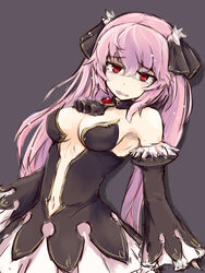  ascot bare_shoulders blush breasts commentary_request detached_collar detached_sleeves dress dungeon_travelers_2 female hair_ornament highres lilian_craper long_hair medium_breasts navel oerba_yun_fang open_mouth pink_hair red_eyes simple_background sleeves_past_wrists solo toriatto_gununu twintails very_long_hair wide_sleeves 