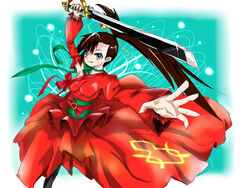  asymmetrical_clothes black_hair commentary_request dress female folded_ponytail green_eyes hair_ornament kanzashi mahou_shoujo_kazumi_magica mahou_shoujo_madoka_magica neck_ribbon nm_kuro red_dress ribbon solo souju_ayase sword weapon 