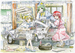  3girls back_to_the_future blonde_hair braid capelet car commentary_request delorean garage green_eyes green_hair gullwing_doors hat head_rest kitashirakawa_chiyuri long_hair master_(4th) mima_(touhou) motor_vehicle multiple_girls okazaki_yumemi painting_(medium) red_eyes red_hair sailor sailor_hat short_hair single_braid time_machine tire touhou touhou_(pc-98) traditional_media twintails watercolor_(medium) yellow_eyes 