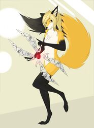  anthro black_body black_fur blade blonde_hair canid canine claws digitigrade femboy fox fur green_eyes hair hi_res irelia_(lol) league_of_legends male mammal nirai reddyrennard riot_games simple_background solo tencent white_background white_body white_fur yellow_body yellow_fur 