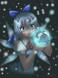  animal_ears blue_dress blue_eyes blue_hair bow cat_ears cat_tail chen cirno clenched_teeth crystal_wings dark dress frozen grin hair_ornament hairbow ice ice_wings minigirl multiple_girls nekomimi perfect_cherry_blossom puffy_short_sleeves puffy_sleeves ribbon short_hair signature size_difference smile snow sparkle sparkling tail teeth touhou wings 