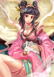  black_hair breasts chang&#039;e chinese_clothes cleavage commentary_request female hanfu large_breasts long_hair moon_rabbit mooncake original photoshop_(medium) rabbit red_eyes solo suoni_(deeperocean) 