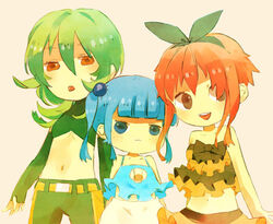  :3 bare_shoulders blue_eyes blue_hair breasts brown_eyes green_hair hair_ornament hair_ribbon headband midriff mijumaru moemon navel open_mouth oshawott personification pokabu pokemon pokemon_(game) pokemon_black_and_white pokemon_bw red_eyes red_hair ribbon shell short_twintails tsutaaja twintails twintails underboob 