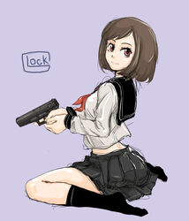  breasts brown_eyes brown_hair commentary_request crop_top female glock gun handgun highres looking_back medium_breasts michael-x midriff original pleated_skirt sailor_collar school_uniform short_hair sitting skirt smile socks solo trigger_discipline wariza weapon 