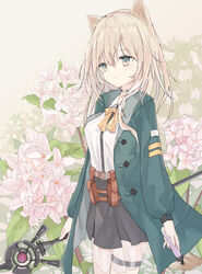  animal_ears arknights belt blonde_hair commentary_request cowboy_shot dog_ears female floral_background green_eyes green_jacket hair_between_eyes highres holding holding_staff jacket long_sleeves looking_at_viewer medium_hair neck_ribbon open_clothes open_jacket partial_commentary pleated_skirt podenco_(arknights) ribbon shirt skirt smile solo staff stairs thigh_strap thighs vial wata_(watashi_j) white_shirt yellow_ribbon 