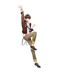  1boy absurdres beige_pants black_footwear bracelet brown_hair brown_jacket clenched_hand collarbone green_eyes highres jacket jewelry looking_at_viewer male_focus min_suha necklace nijisanji nijisanji_kr official_art one_eye_closed open_hand outstretched_arm second-party_source shirt smile solo symbol-only_commentary tachi-e virtual_youtuber white_shirt xretakex 