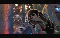  1boy blue_eyes brown_hair commentary_request earbuds earphones female highres hmng indoors letterboxed long_hair mole mole_under_mouth night original parted_lips shirt white_shirt window 